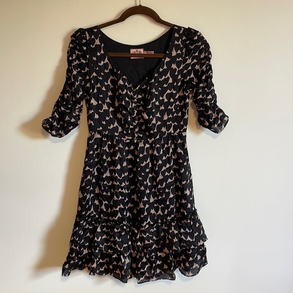 Y2K Juicy Couture Dress 100% Silk Black Heart 0 Ruffle Pink Mini Grunge Babydoll